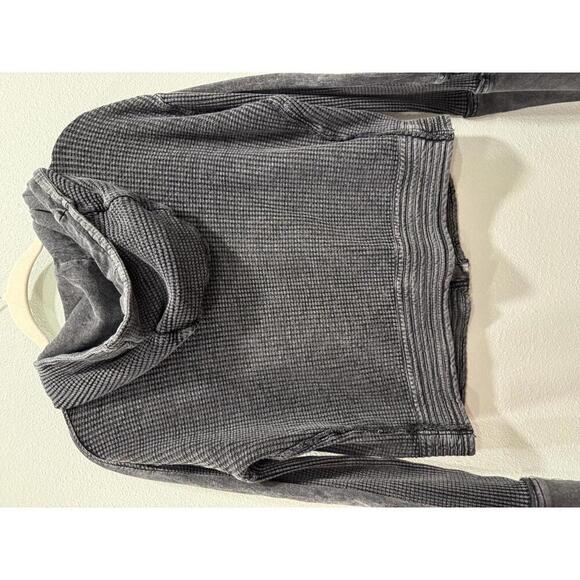 Free People Women's Mason Hoodie in Acid Wash Black,Waffle Knit Zip-Up Hoodie - Picture 6 of 8